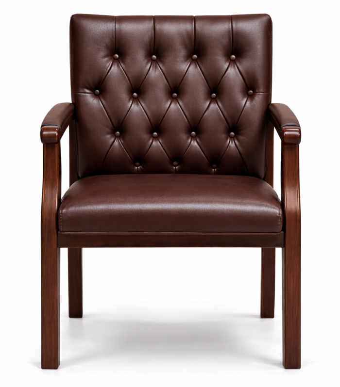 Luxury Brown Leather Visitor Chair with Wooden Arms